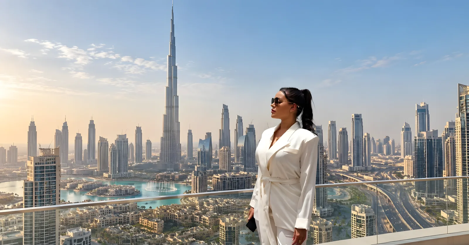 Nadyne Lima em Downtown Dubai, com o Burj Khalifa ao fundo