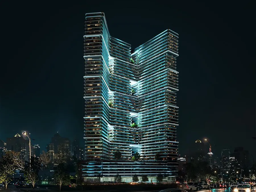 Projeto residencial moderno iluminado à noite em Dubai